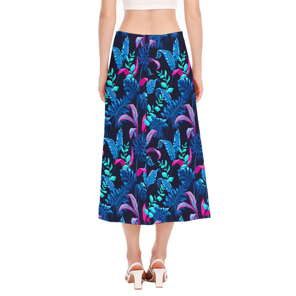 Turquoise Hawaii Tropical Pattern Print Side Slit Midi Skirt
