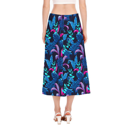 Turquoise Hawaii Tropical Pattern Print Side Slit Midi Skirt
