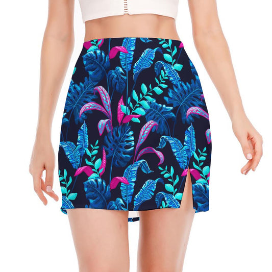Turquoise Hawaii Tropical Pattern Print Side Slit Mini Skirt