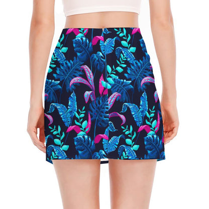 Turquoise Hawaii Tropical Pattern Print Side Slit Mini Skirt