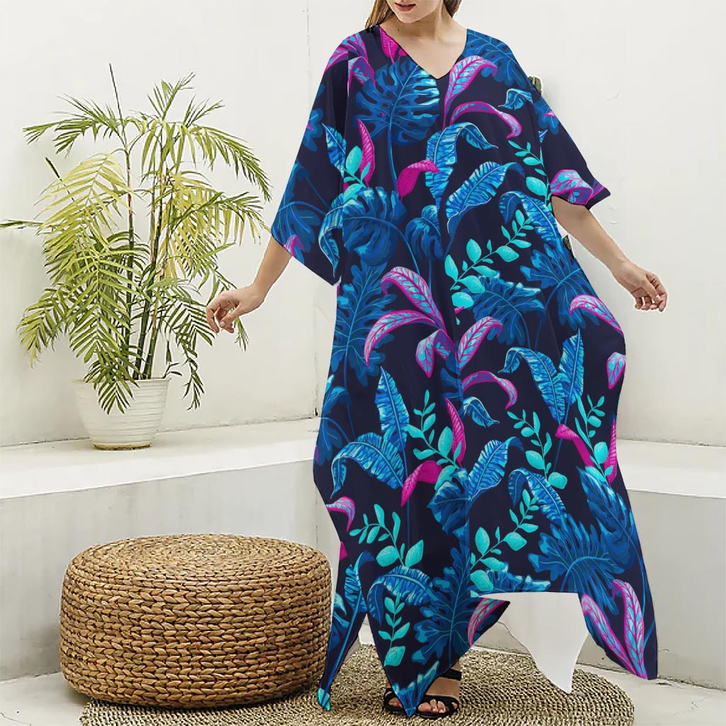 Turquoise Hawaii Tropical Pattern Print Silk V-Neck Kaftan Dress