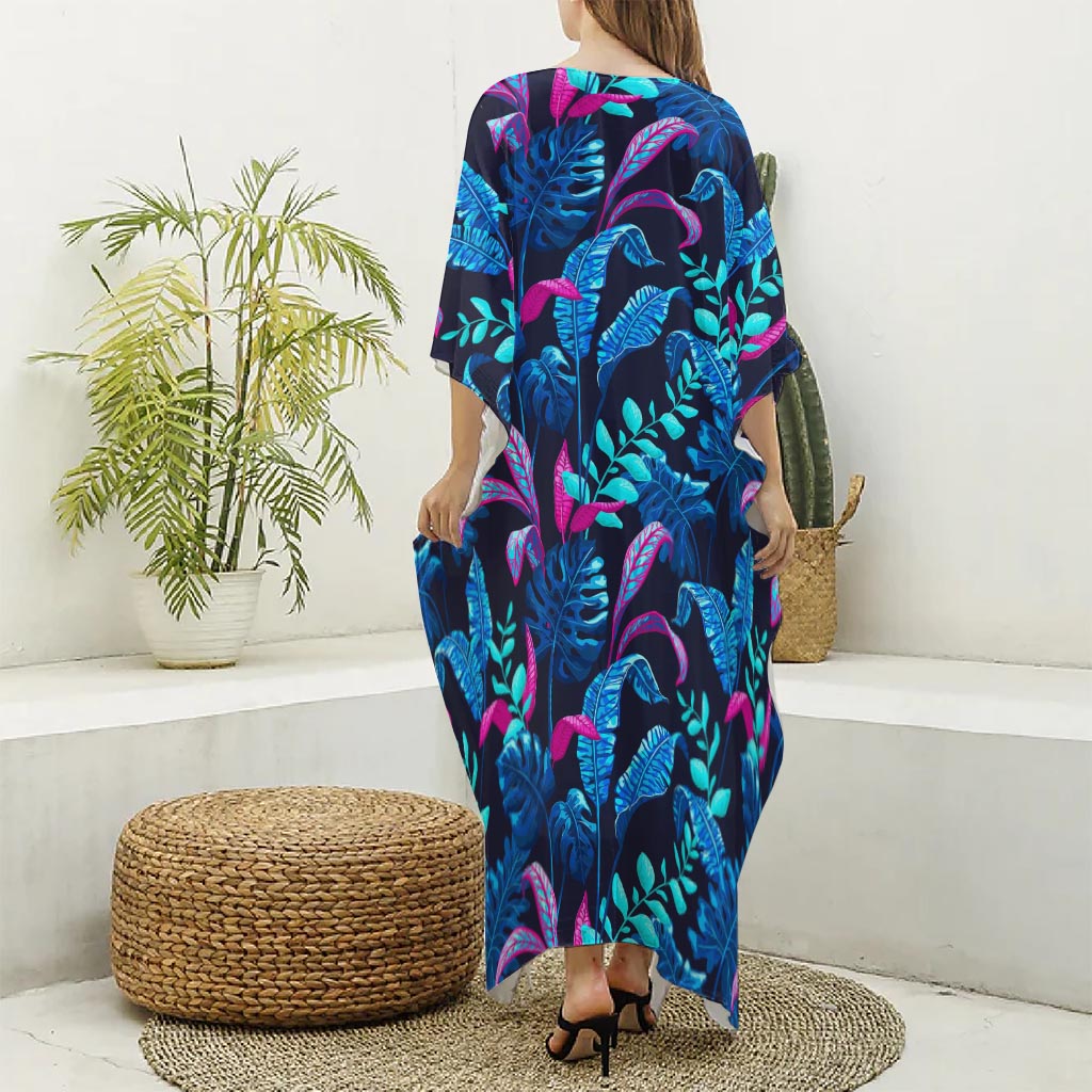Turquoise Hawaii Tropical Pattern Print Silk V-Neck Kaftan Dress