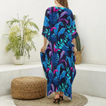 Turquoise Hawaii Tropical Pattern Print Silk V-Neck Kaftan Dress