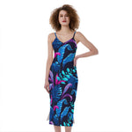 Turquoise Hawaii Tropical Pattern Print Slim Fit Midi Cami Dress