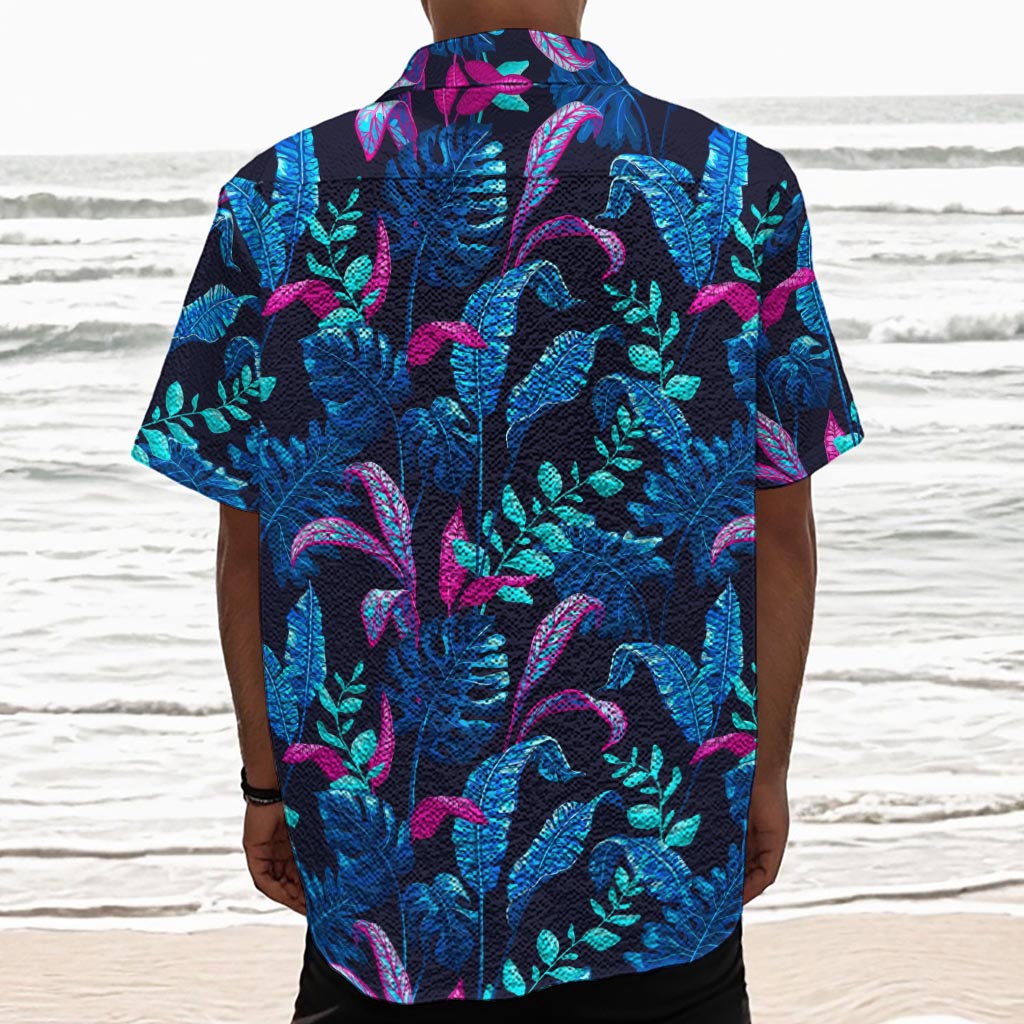 Turquoise Hawaii Tropical Pattern Print Textured Short Sleeve Shirt