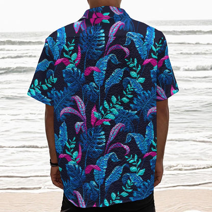 Turquoise Hawaii Tropical Pattern Print Textured Short Sleeve Shirt
