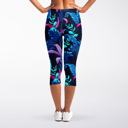 Turquoise Hawaii Tropical Pattern Print Women's Capri Leggings
