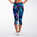 Turquoise Hawaii Tropical Pattern Print Women's Capri Leggings