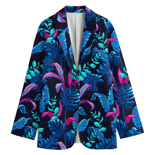 Turquoise Hawaii Tropical Pattern Print Women's Cotton Blazer