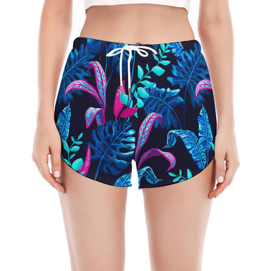Turquoise Hawaii Tropical Pattern Print Women's Split Running Shorts