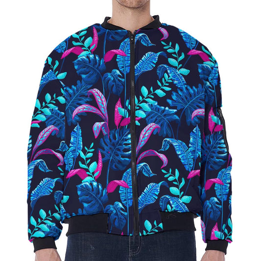 Turquoise Hawaii Tropical Pattern Print Zip Sleeve Bomber Jacket