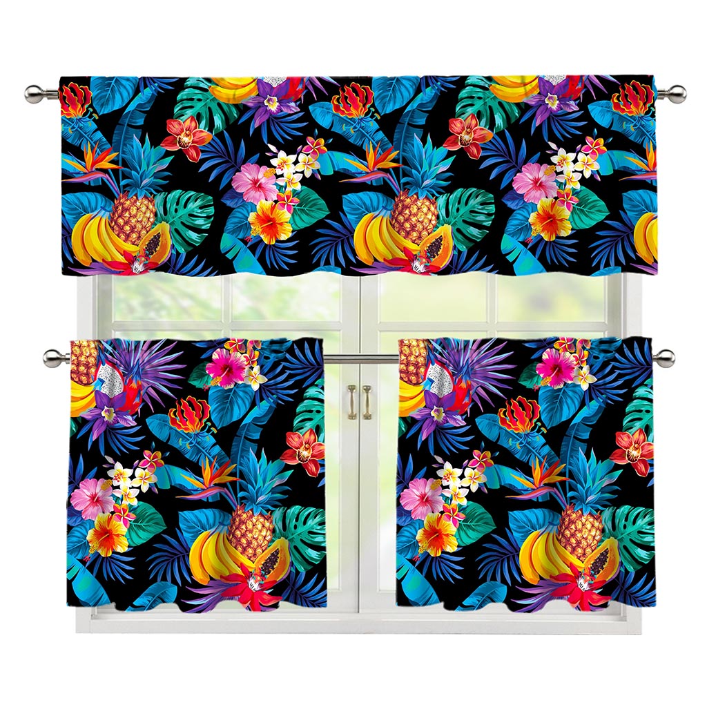 Turquoise Hawaiian Fruits Pattern Print 3 Piece Kitchen Curtains