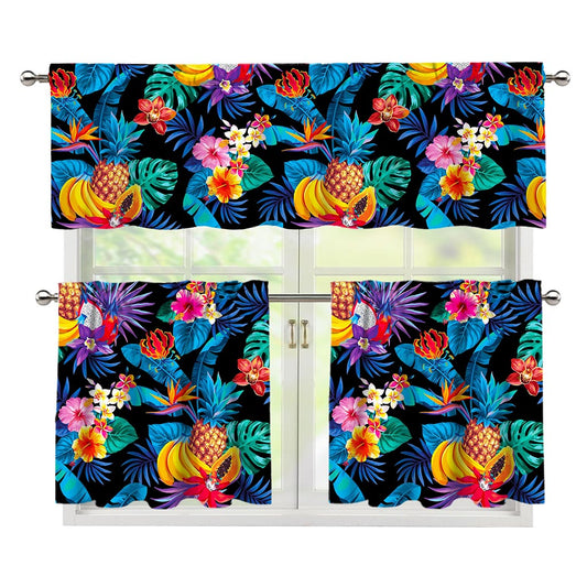 Turquoise Hawaiian Fruits Pattern Print 3 Piece Kitchen Curtains