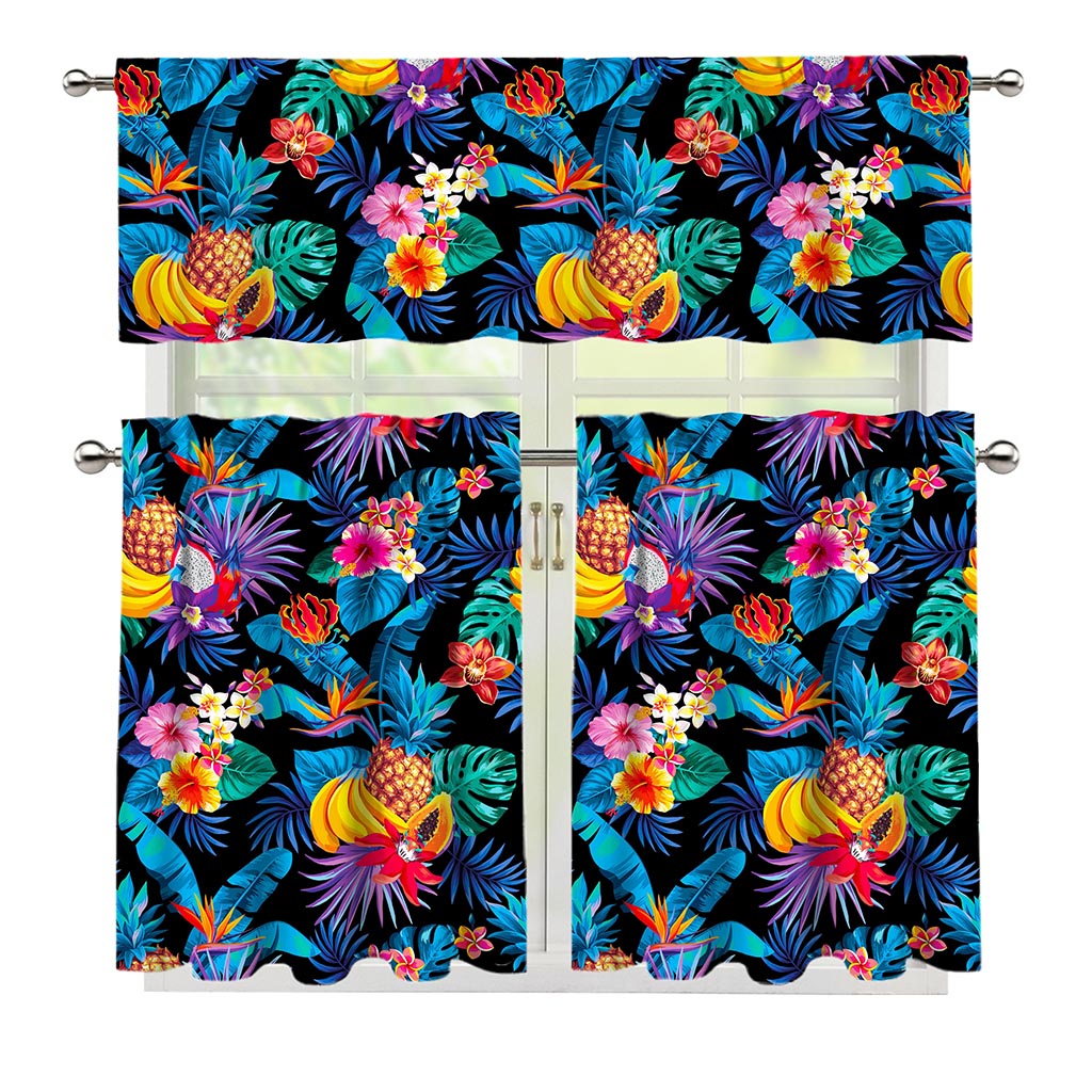 Turquoise Hawaiian Fruits Pattern Print 3 Piece Kitchen Curtains