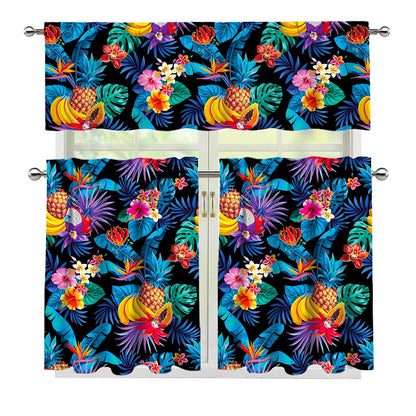 Turquoise Hawaiian Fruits Pattern Print 3 Piece Kitchen Curtains