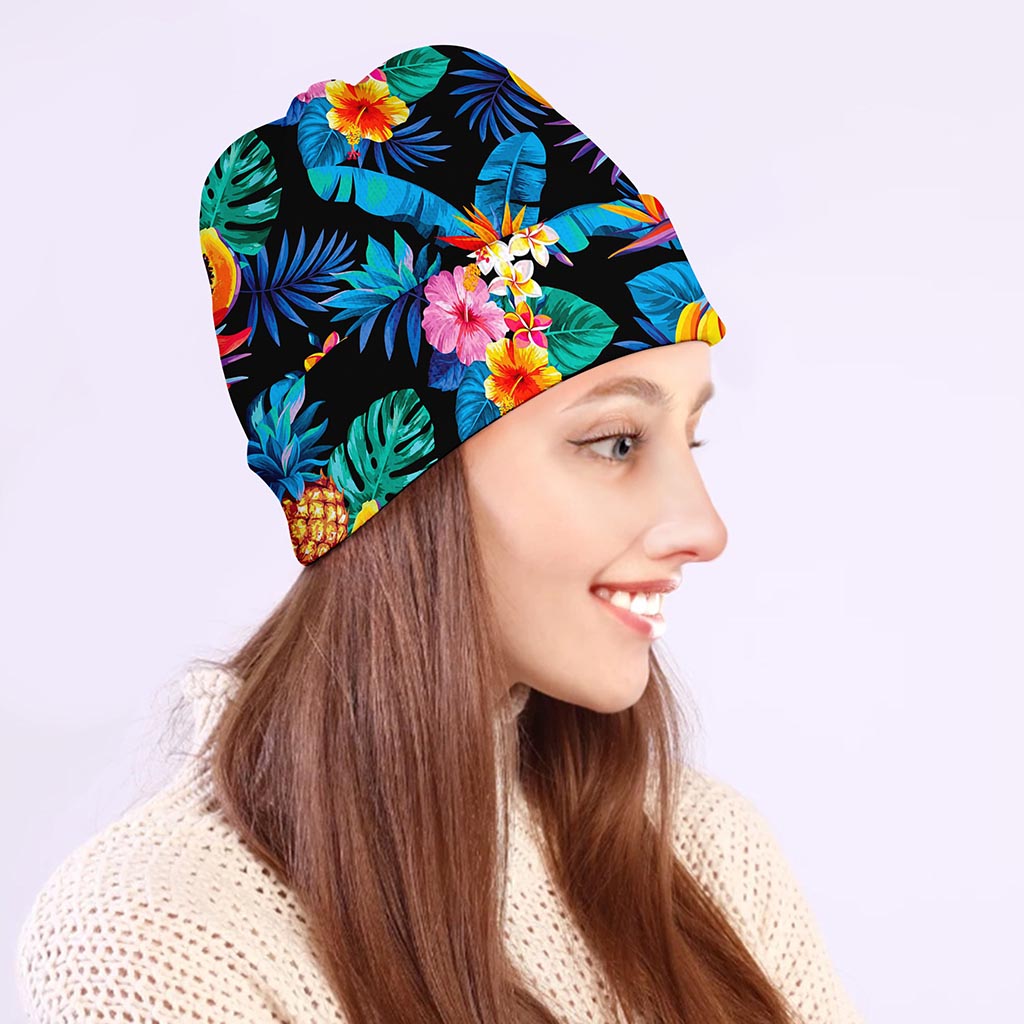 Turquoise Hawaiian Fruits Pattern Print Beanie