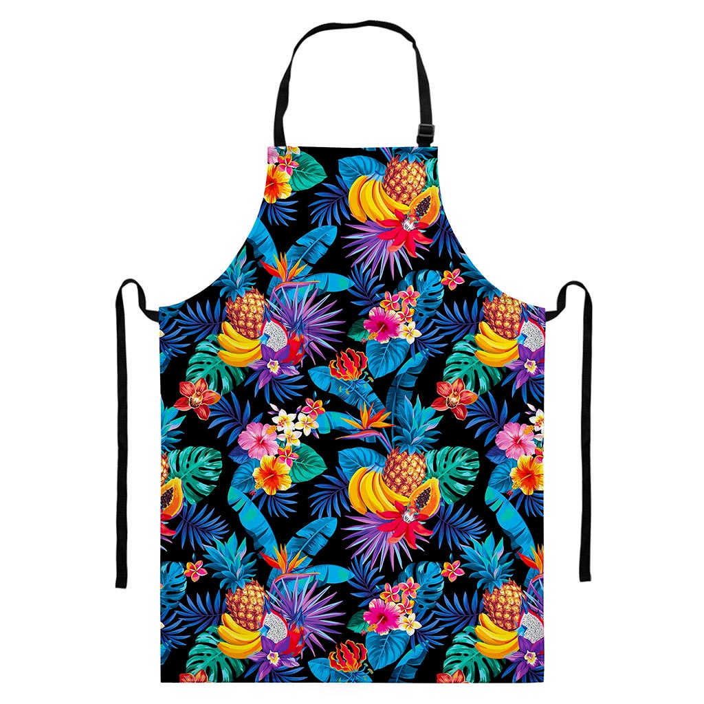 Turquoise Hawaiian Fruits Pattern Print Bib Apron With Pocket