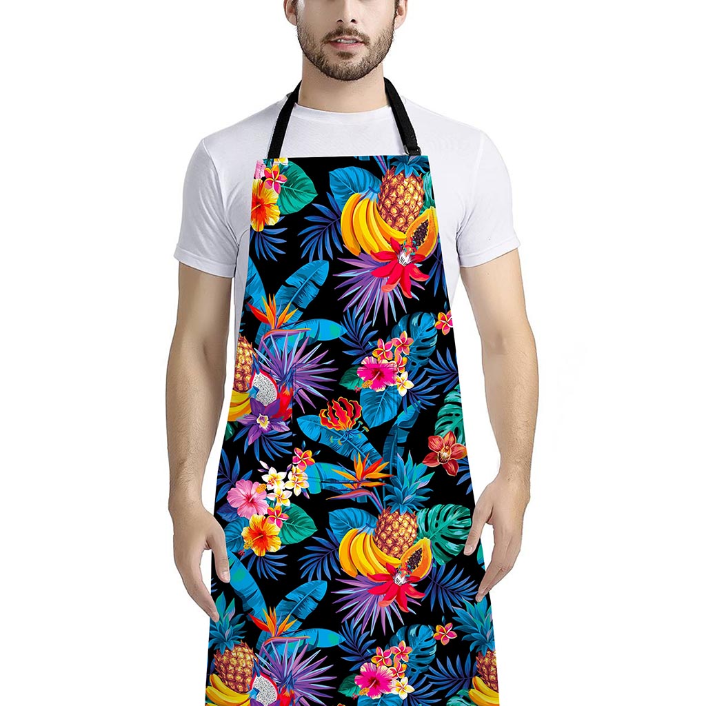 Turquoise Hawaiian Fruits Pattern Print Bib Apron With Pocket