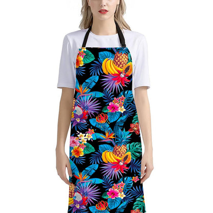 Turquoise Hawaiian Fruits Pattern Print Bib Apron With Pocket