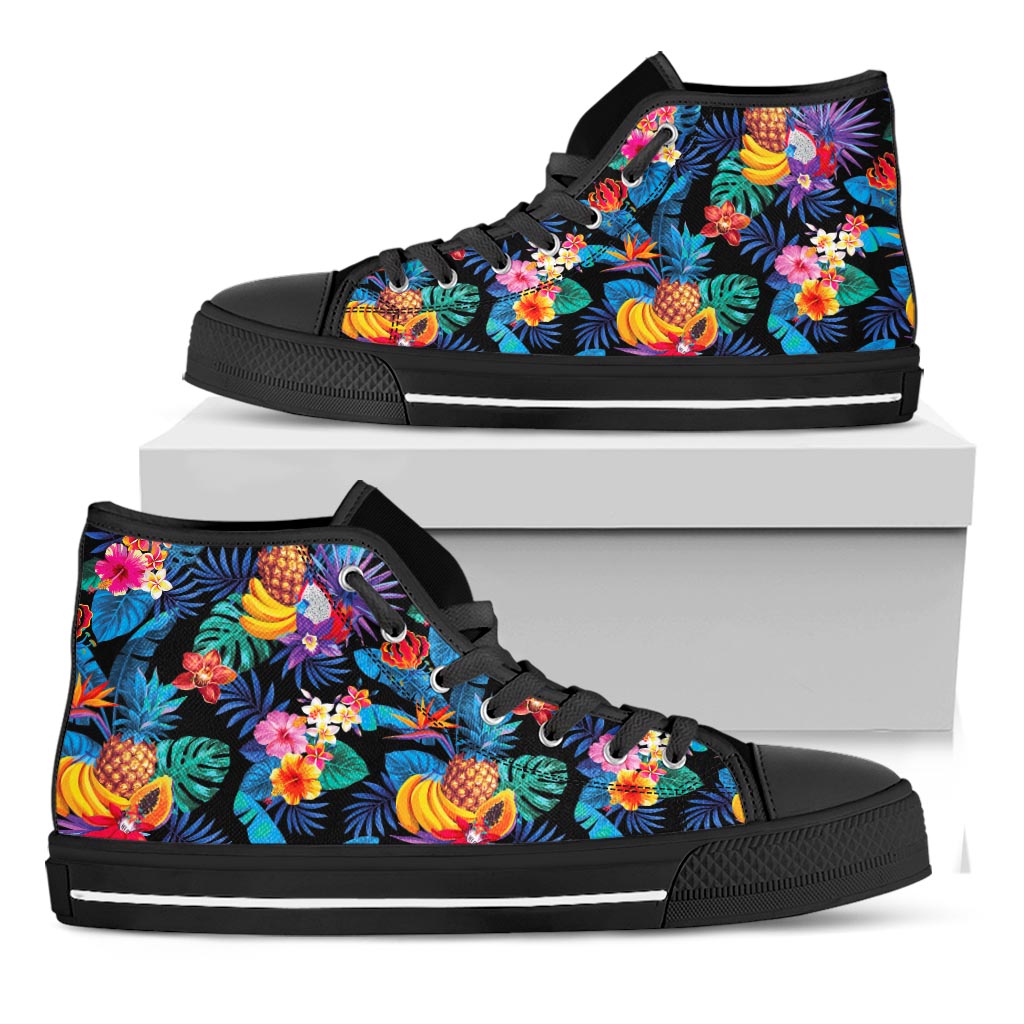 Turquoise Hawaiian Fruits Pattern Print Black High Top Sneakers