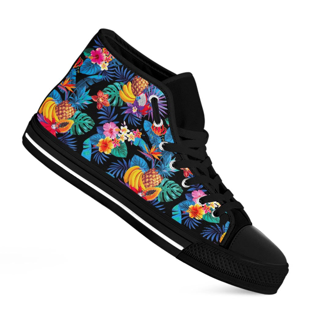 Turquoise Hawaiian Fruits Pattern Print Black High Top Sneakers