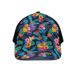 Turquoise Hawaiian Fruits Pattern Print Black Mesh Trucker Cap