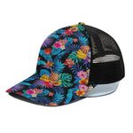 Turquoise Hawaiian Fruits Pattern Print Black Mesh Trucker Cap