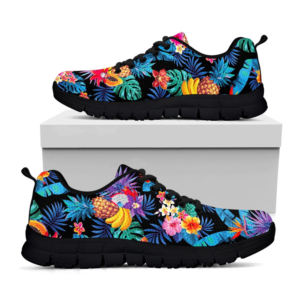 Turquoise Hawaiian Fruits Pattern Print Black Running Shoes