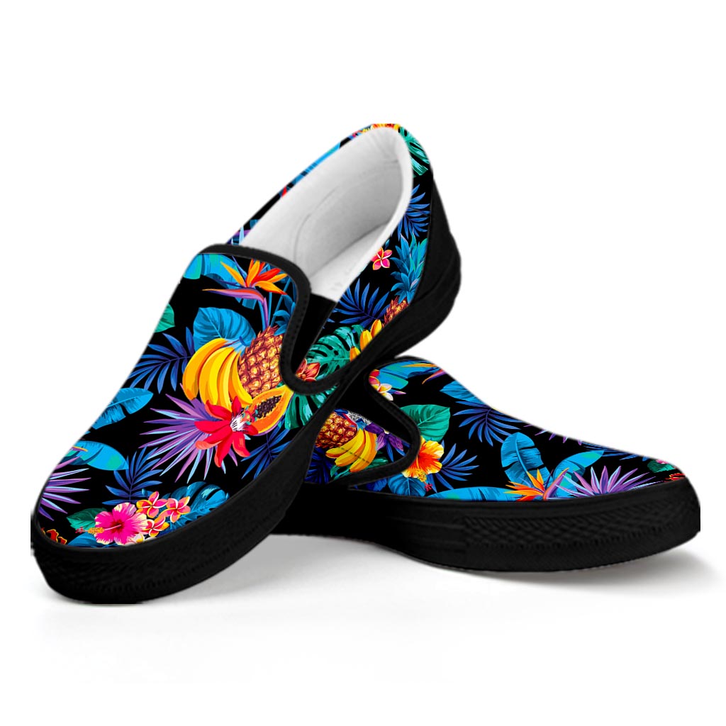 Turquoise Hawaiian Fruits Pattern Print Black Slip On Sneakers