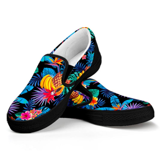 Turquoise Hawaiian Fruits Pattern Print Black Slip On Sneakers