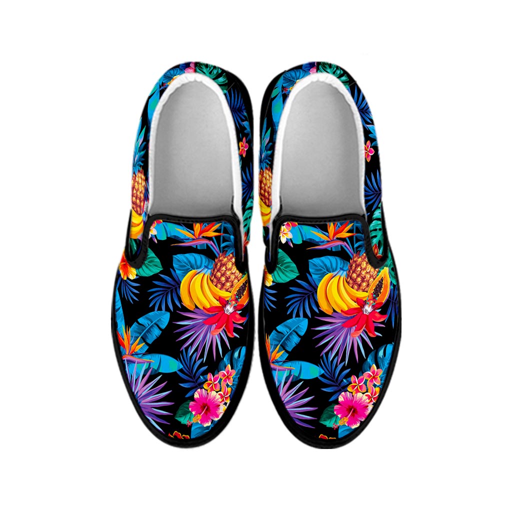 Turquoise Hawaiian Fruits Pattern Print Black Slip On Sneakers