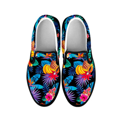 Turquoise Hawaiian Fruits Pattern Print Black Slip On Sneakers