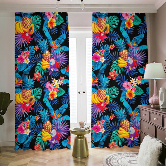 Turquoise Hawaiian Fruits Pattern Print Blackout Pencil Pleat Curtains