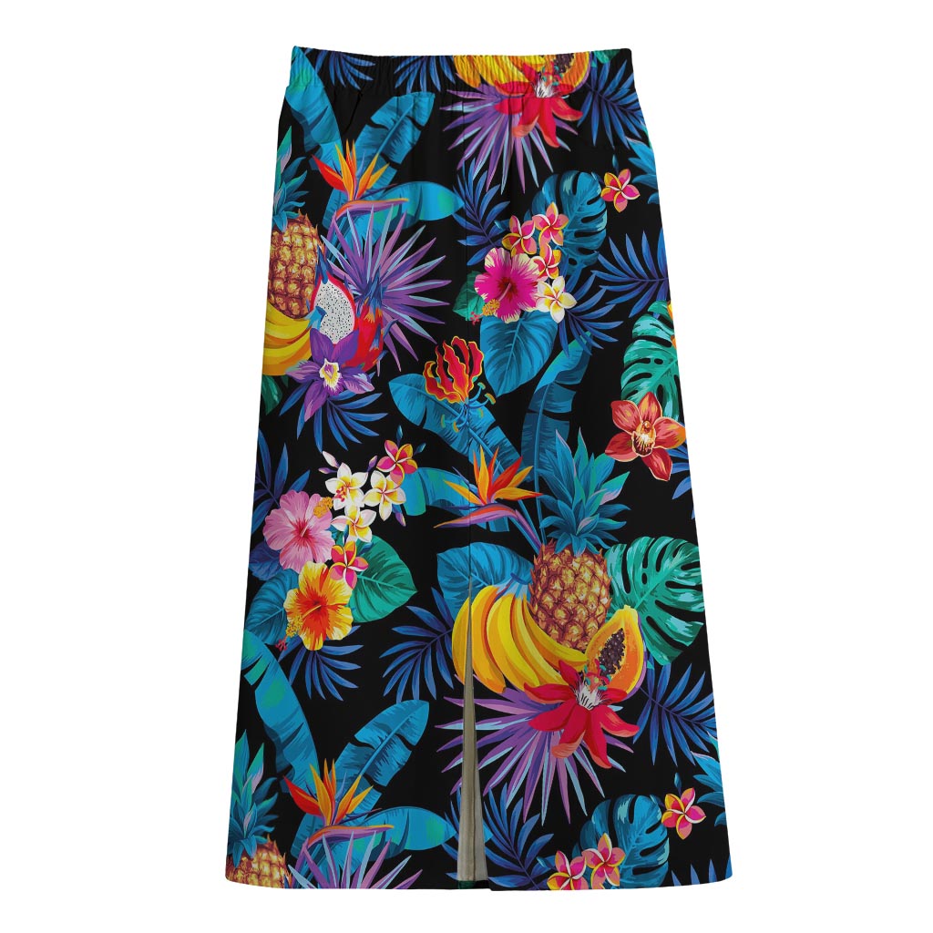 Turquoise Hawaiian Fruits Pattern Print Cotton Front Slit Maxi Skirt