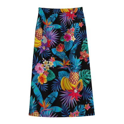 Turquoise Hawaiian Fruits Pattern Print Cotton Front Slit Maxi Skirt