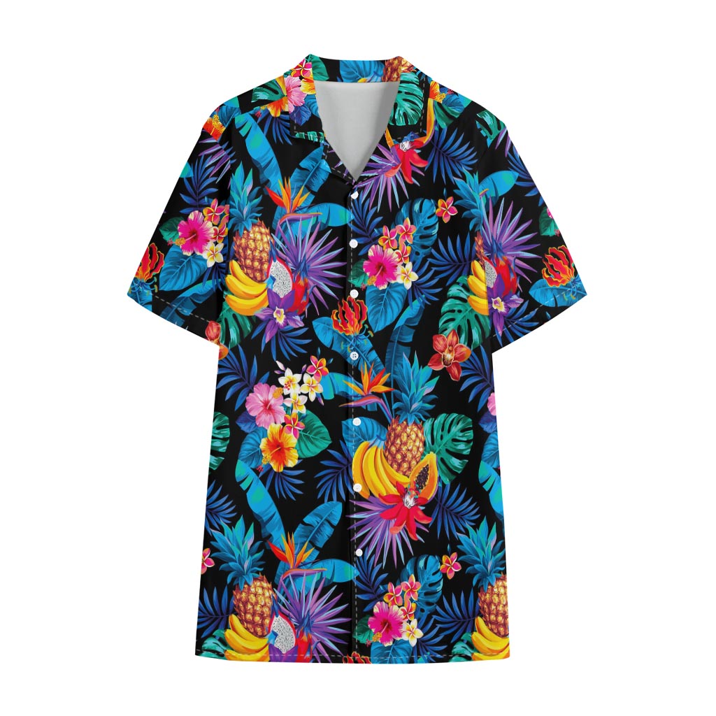Turquoise Hawaiian Fruits Pattern Print Cotton Hawaiian Shirt