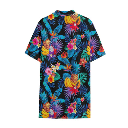 Turquoise Hawaiian Fruits Pattern Print Cotton Hawaiian Shirt
