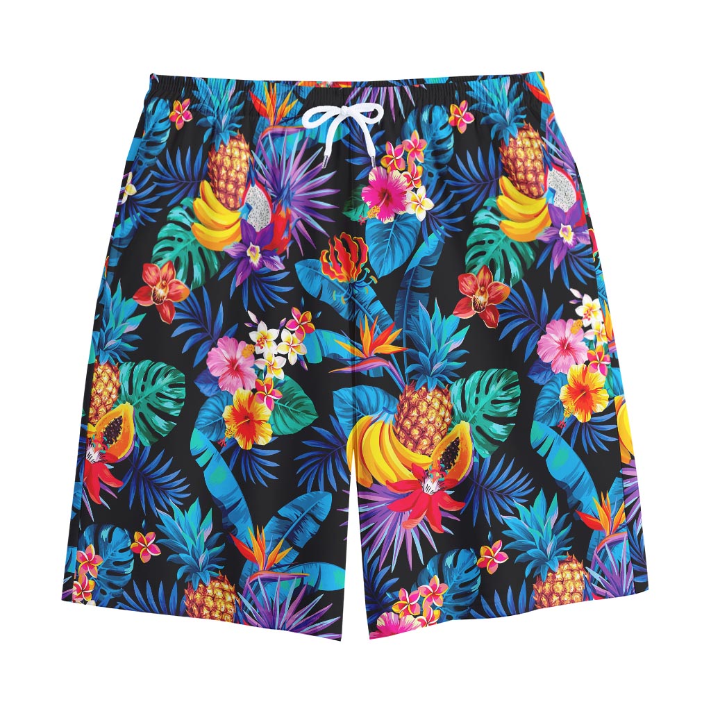 Turquoise Hawaiian Fruits Pattern Print Cotton Shorts
