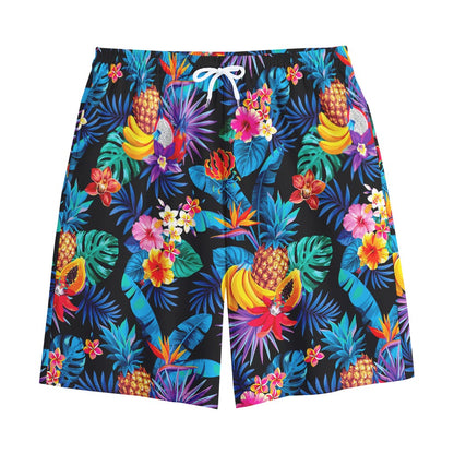Turquoise Hawaiian Fruits Pattern Print Cotton Shorts