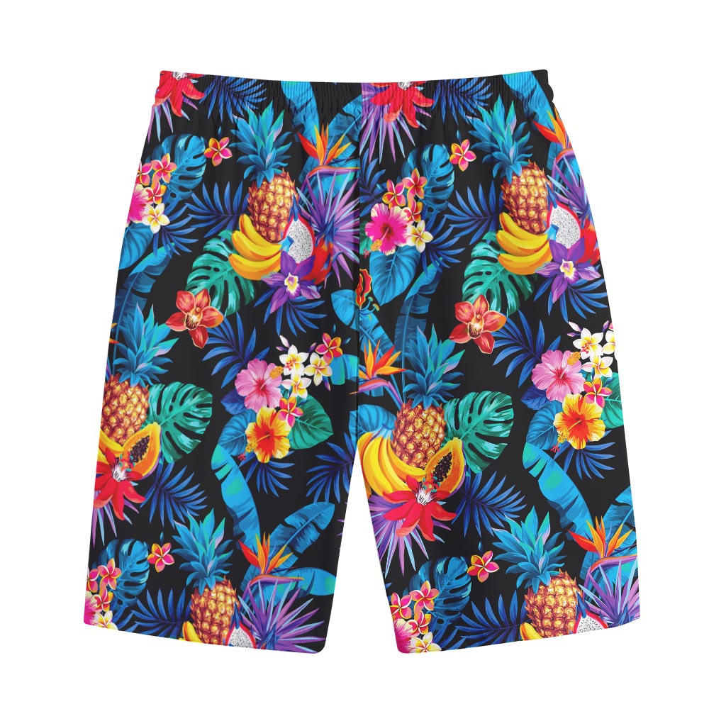 Turquoise Hawaiian Fruits Pattern Print Cotton Shorts