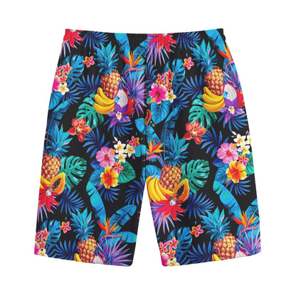 Turquoise Hawaiian Fruits Pattern Print Cotton Shorts