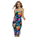 Turquoise Hawaiian Fruits Pattern Print Cross Back Cami Dress