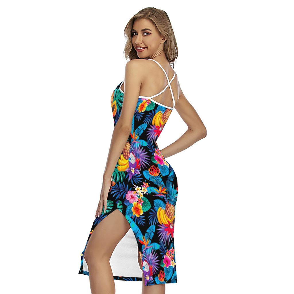 Turquoise Hawaiian Fruits Pattern Print Cross Back Cami Dress