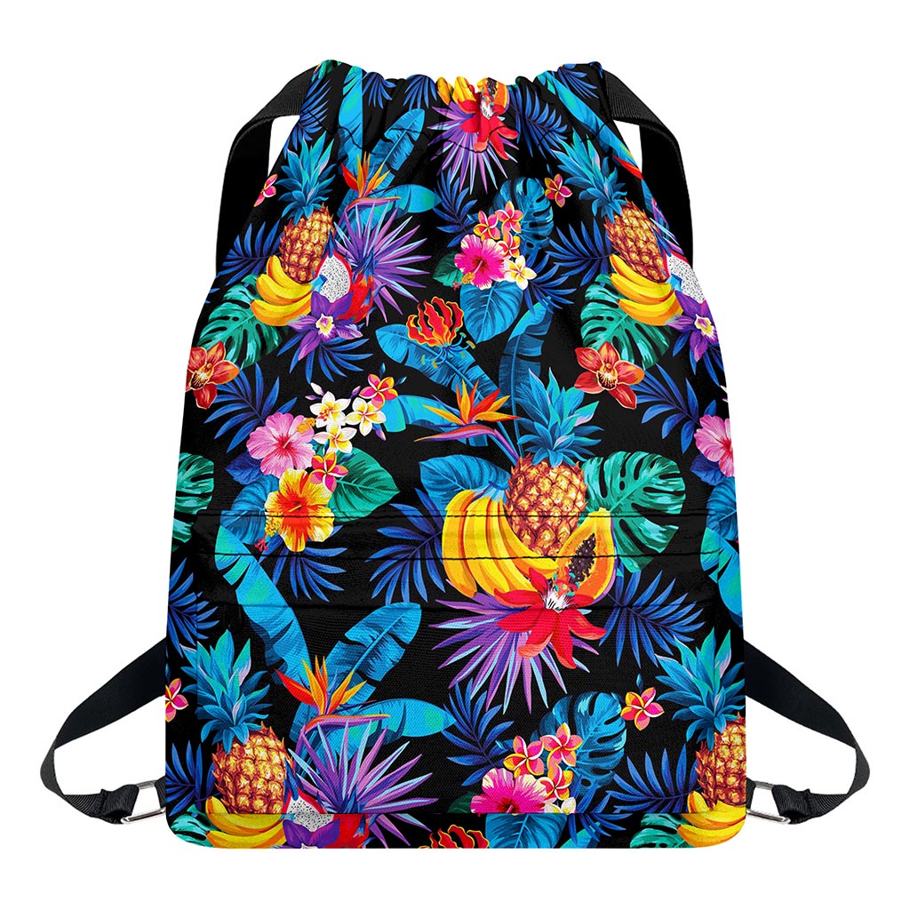 Turquoise Hawaiian Fruits Pattern Print Drawstring Backpack
