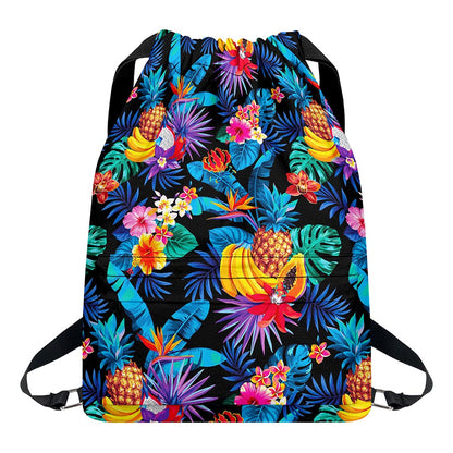 Turquoise Hawaiian Fruits Pattern Print Drawstring Backpack