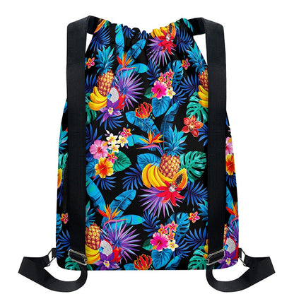 Turquoise Hawaiian Fruits Pattern Print Drawstring Backpack