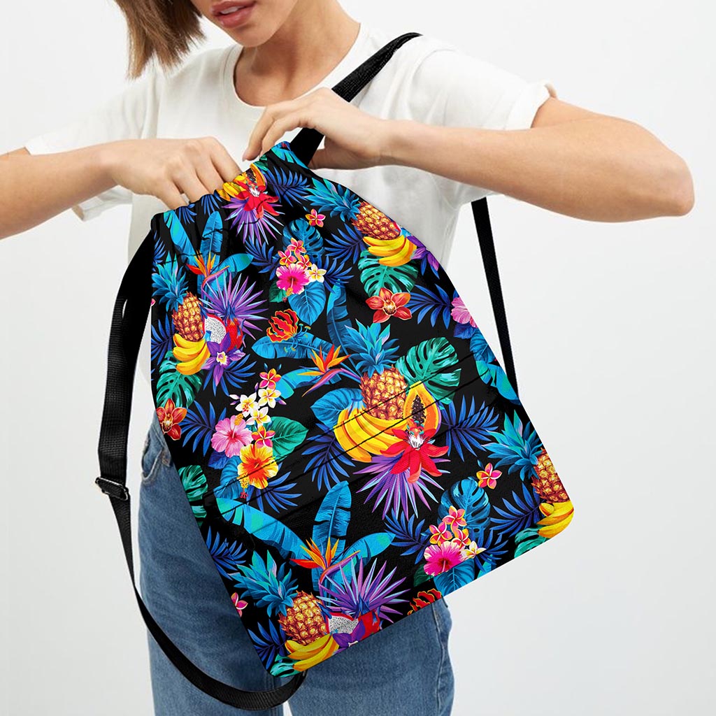 Turquoise Hawaiian Fruits Pattern Print Drawstring Backpack