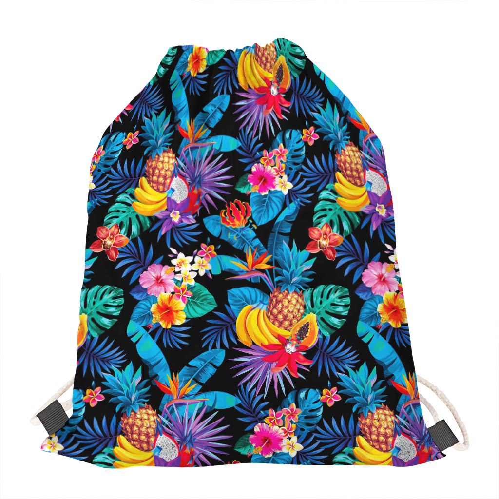 Turquoise Hawaiian Fruits Pattern Print Drawstring Bag