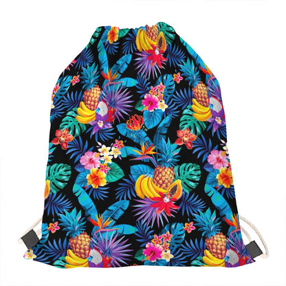 Turquoise Hawaiian Fruits Pattern Print Drawstring Bag