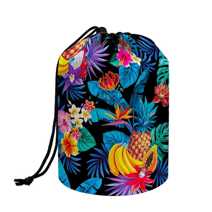 Turquoise Hawaiian Fruits Pattern Print Drawstring Makeup Bag